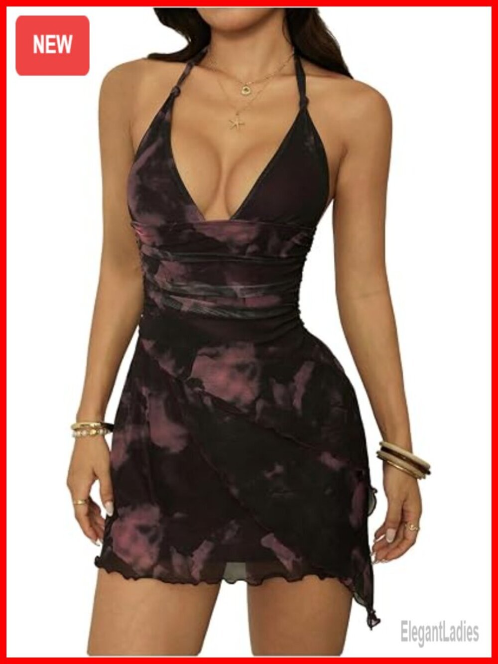 Tie Dye Mesh Halter Mini Dress Deep V Neck Ruched Bodycon